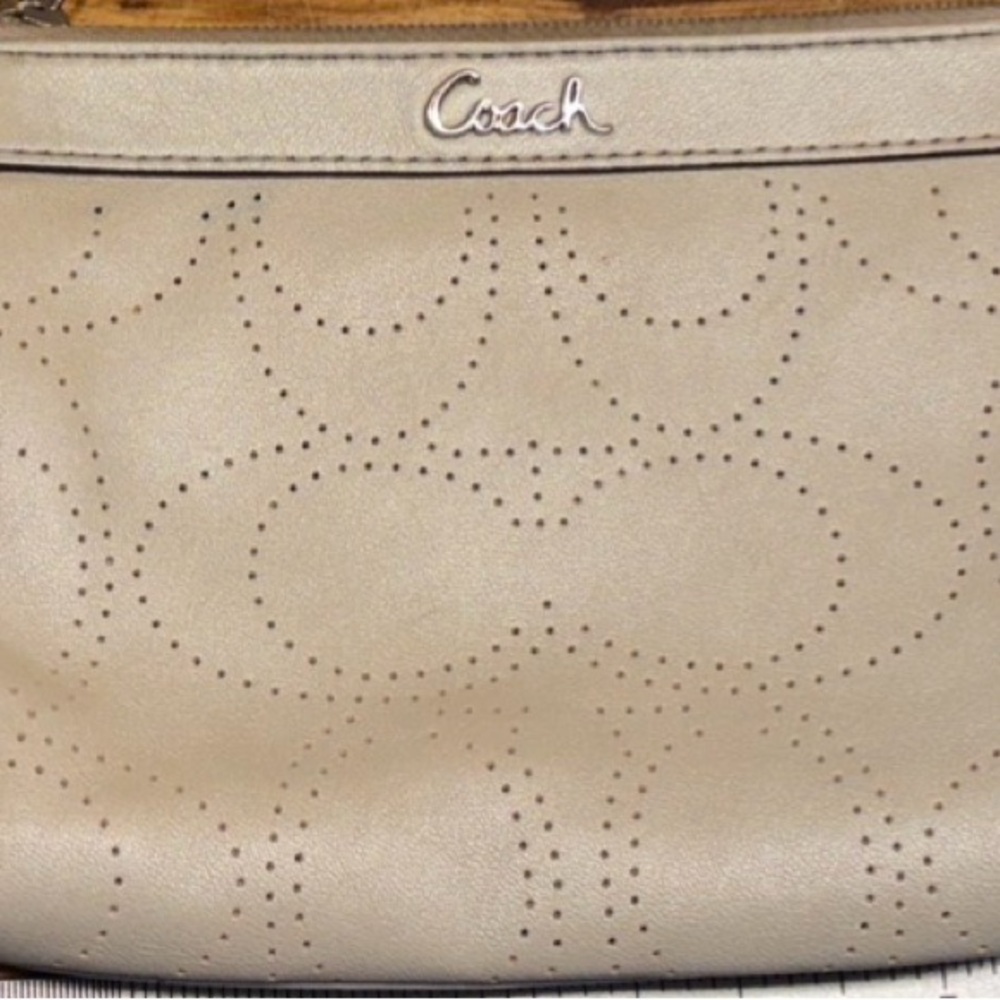 Coach Taupe Perforated Leather Wristlet Bag